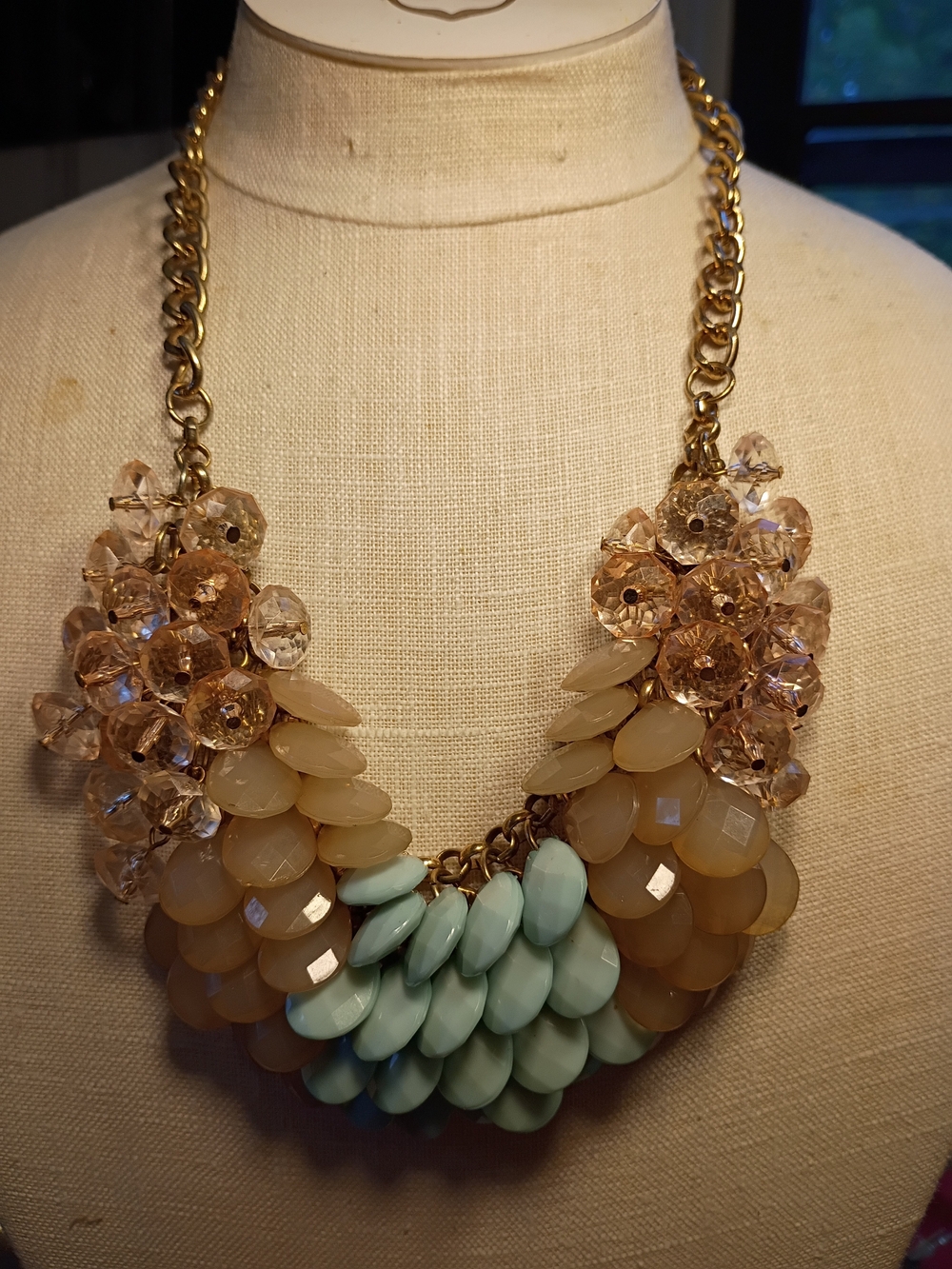 Statement Bib Necklace - Gold Chain with Beige and Mint Accents